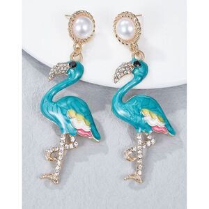 BLUE ENAMEL‎ FLAMINGO CRYSTAL GOLD TONE DANGLE STUD EARRINGS Kamala Inspired New